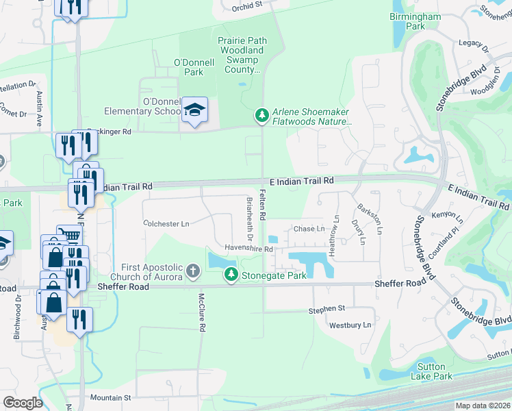 map of restaurants, bars, coffee shops, grocery stores, and more near 1748 Briarheath Drive in Aurora