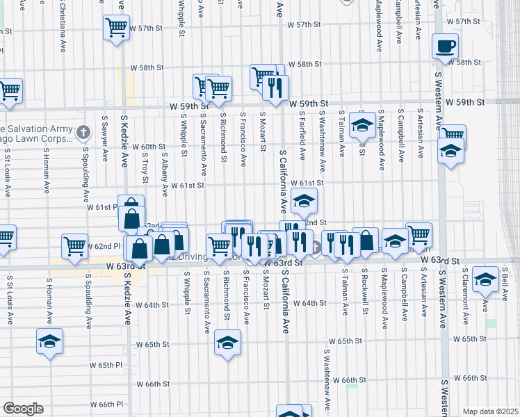map of restaurants, bars, coffee shops, grocery stores, and more near 6159 South Mozart Street in Chicago