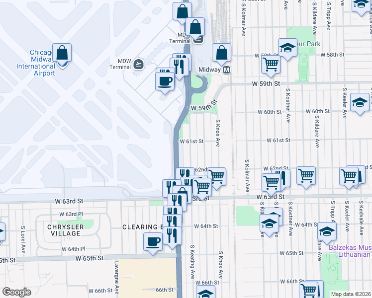 map of restaurants, bars, coffee shops, grocery stores, and more near 6137 South Keating Avenue in Chicago