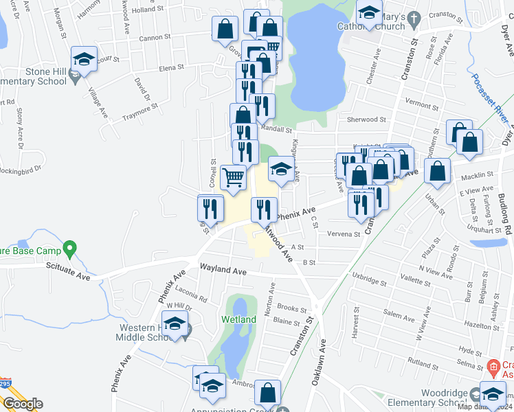 map of restaurants, bars, coffee shops, grocery stores, and more near 200 Atwood Avenue in Cranston