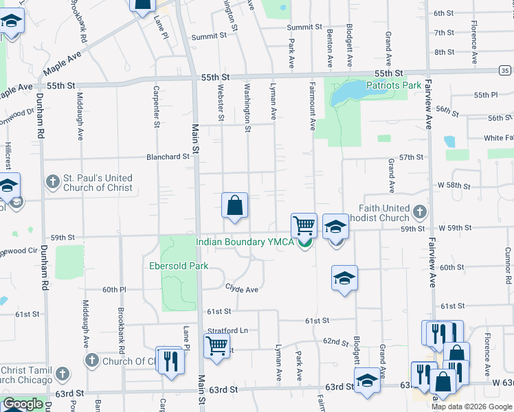 map of restaurants, bars, coffee shops, grocery stores, and more near 5813 Washington Street in Downers Grove