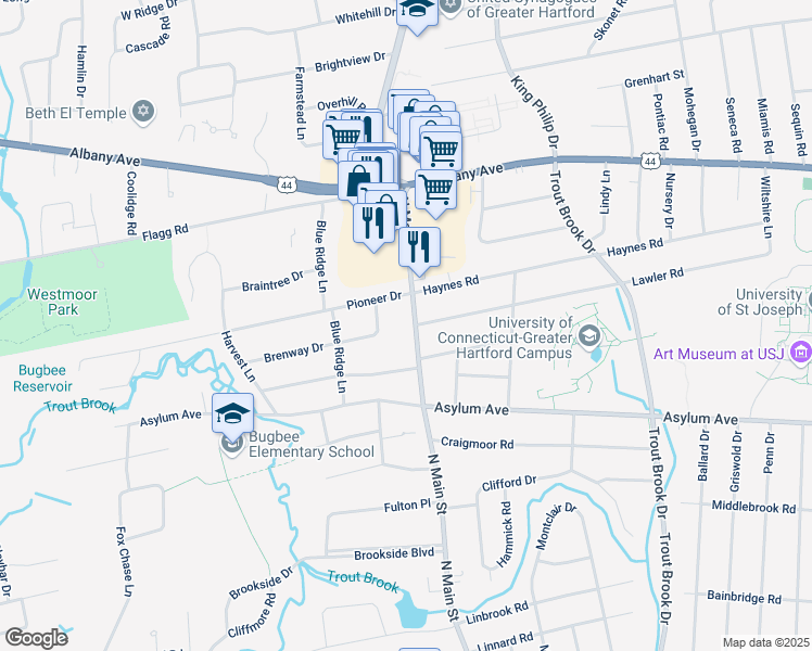 map of restaurants, bars, coffee shops, grocery stores, and more near 291 North Main Street in West Hartford