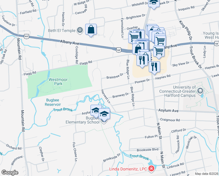 map of restaurants, bars, coffee shops, grocery stores, and more near Pioneer Drive in West Hartford
