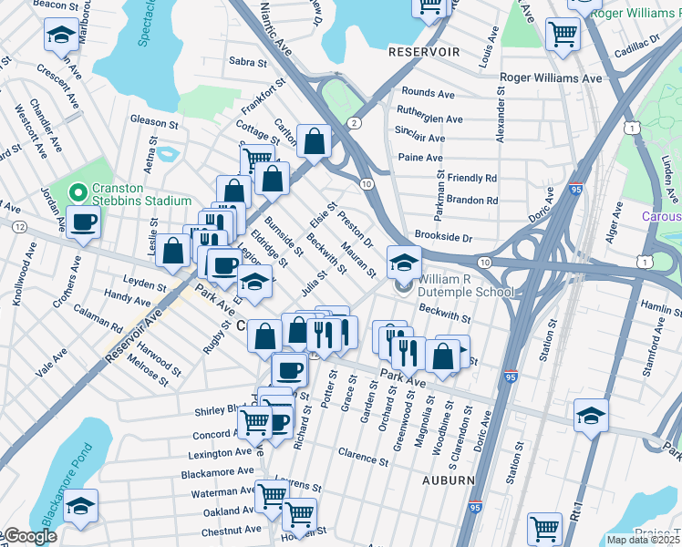map of restaurants, bars, coffee shops, grocery stores, and more near 234 Beckwith Street in Cranston
