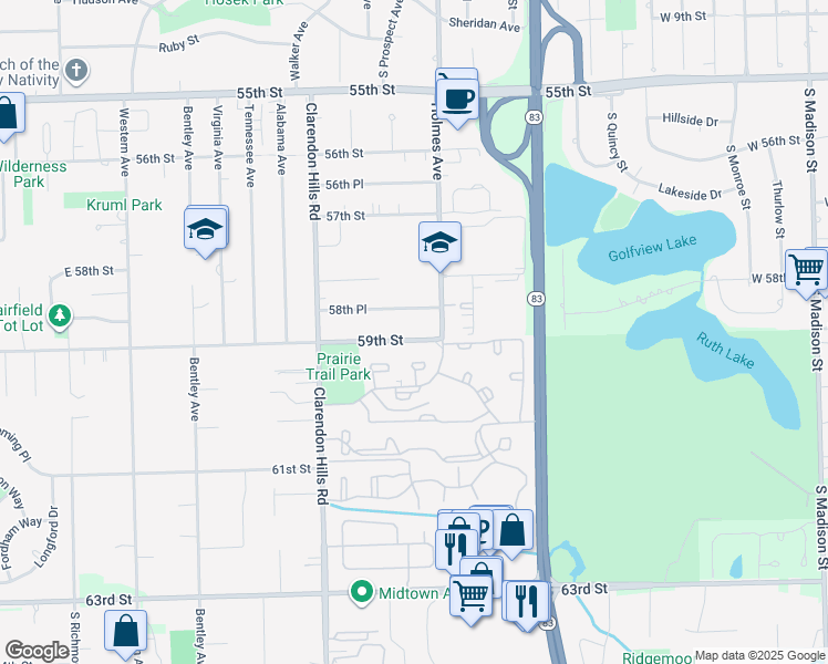 map of restaurants, bars, coffee shops, grocery stores, and more near 114 59th Street in Willowbrook