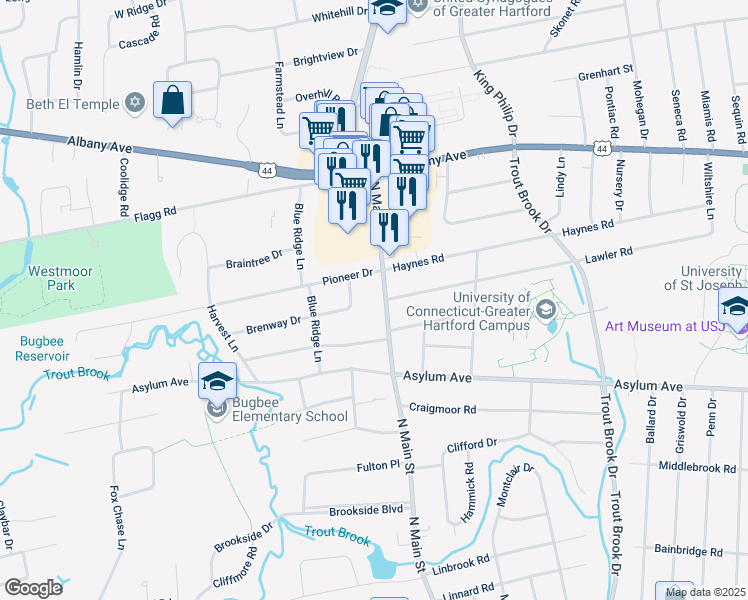 map of restaurants, bars, coffee shops, grocery stores, and more near 291 North Main Street in West Hartford