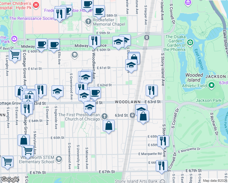 map of restaurants, bars, coffee shops, grocery stores, and more near 6220 South Kenwood Avenue in Chicago