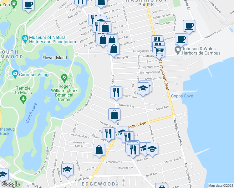 map of restaurants, bars, coffee shops, grocery stores, and more near 155 Wentworth Avenue in Providence