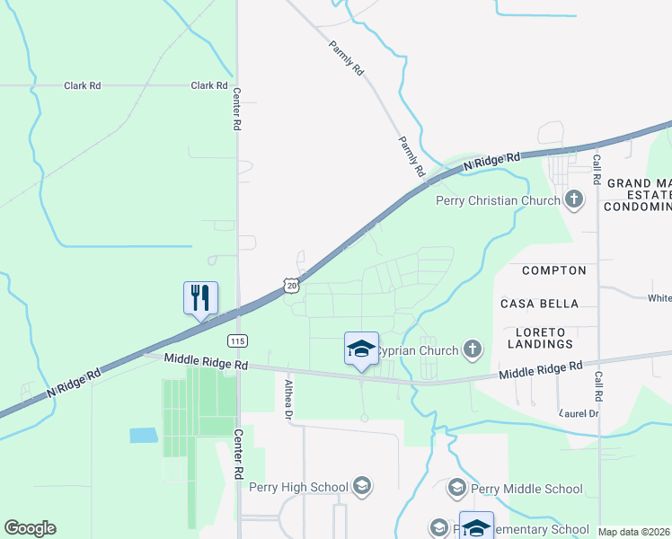 map of restaurants, bars, coffee shops, grocery stores, and more near 4022 N Ridge Rd in Perry