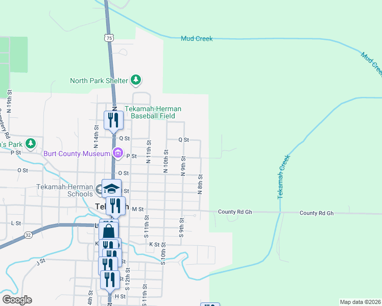 map of restaurants, bars, coffee shops, grocery stores, and more near 815 P Street in Tekamah