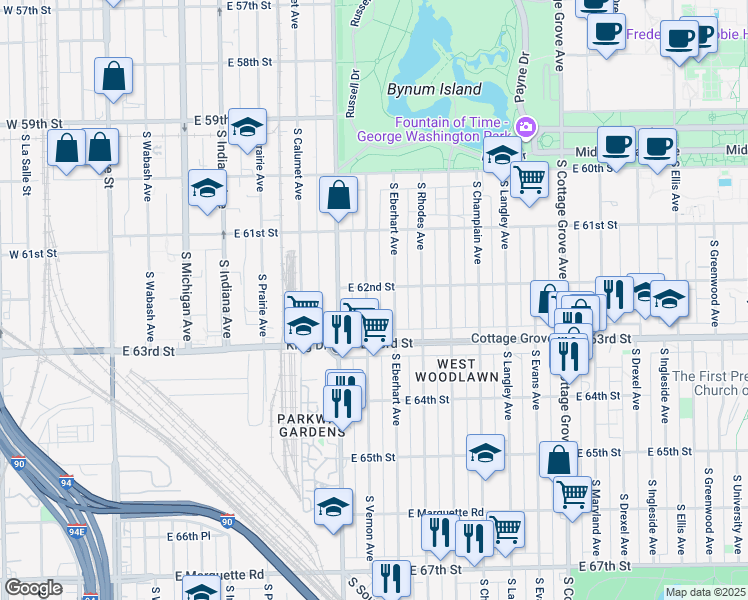 map of restaurants, bars, coffee shops, grocery stores, and more near 6211 South Vernon Avenue in Chicago