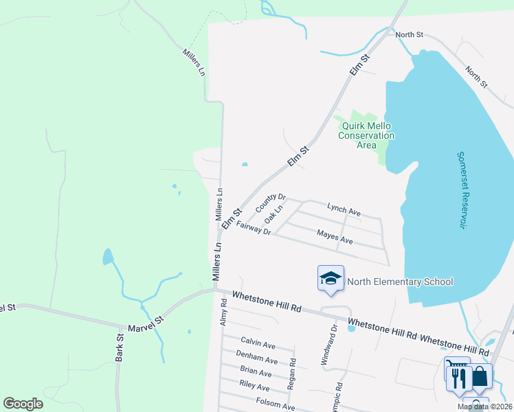 map of restaurants, bars, coffee shops, grocery stores, and more near 27 Oak Lane in Somerset