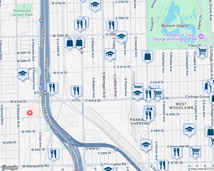map of restaurants, bars, coffee shops, grocery stores, and more near 6205 South Michigan Avenue in Chicago