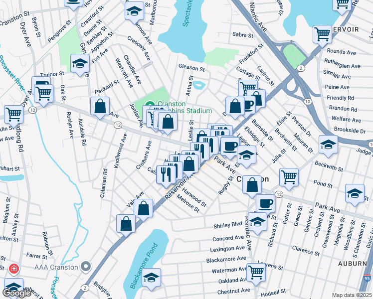 map of restaurants, bars, coffee shops, grocery stores, and more near 25 Coastway Plaza in Cranston