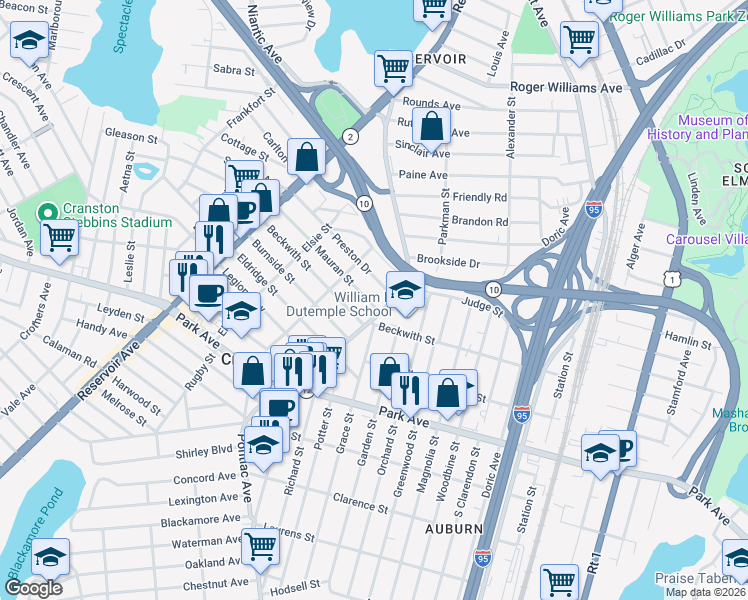 map of restaurants, bars, coffee shops, grocery stores, and more near in Cranston