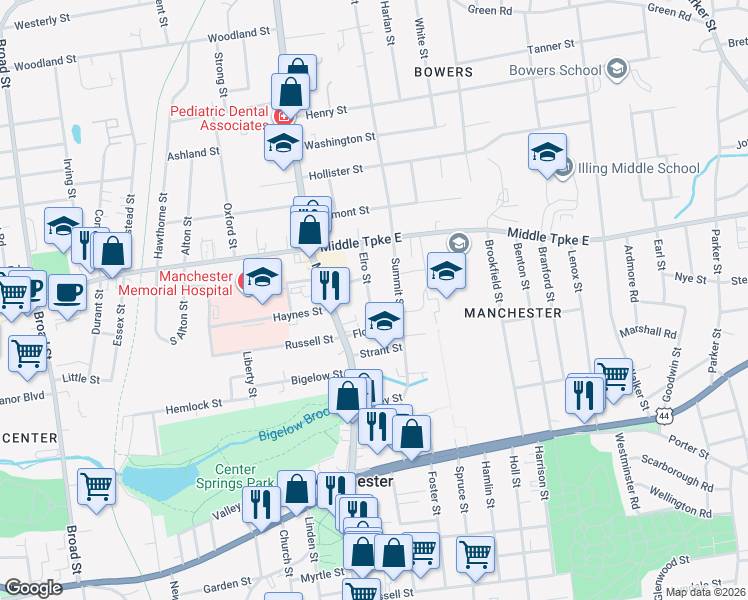 map of restaurants, bars, coffee shops, grocery stores, and more near 6 Elro Street in Manchester