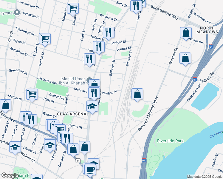 map of restaurants, bars, coffee shops, grocery stores, and more near 5 Mary Shepard Place in Hartford