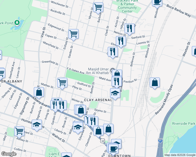 map of restaurants, bars, coffee shops, grocery stores, and more near 29-31 Mahl Avenue in Hartford