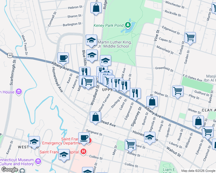 map of restaurants, bars, coffee shops, grocery stores, and more near 82 Oakland Terrace in Hartford