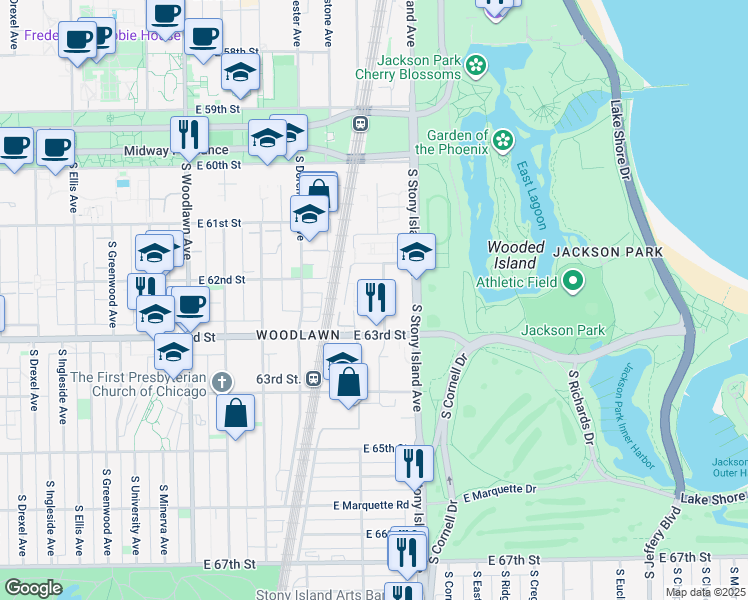 map of restaurants, bars, coffee shops, grocery stores, and more near 6254 South Park Shore East Court in Chicago