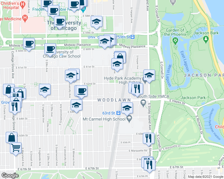 map of restaurants, bars, coffee shops, grocery stores, and more near 6243 South Kenwood Avenue in Chicago