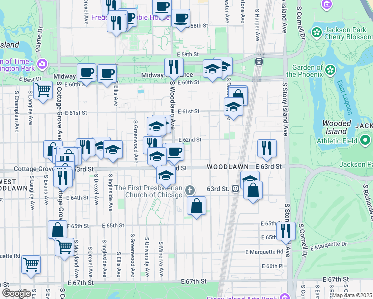 map of restaurants, bars, coffee shops, grocery stores, and more near 6243 South Woodlawn Avenue in Chicago