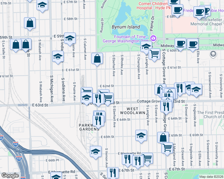 map of restaurants, bars, coffee shops, grocery stores, and more near 6232 South Eberhart Avenue in Chicago
