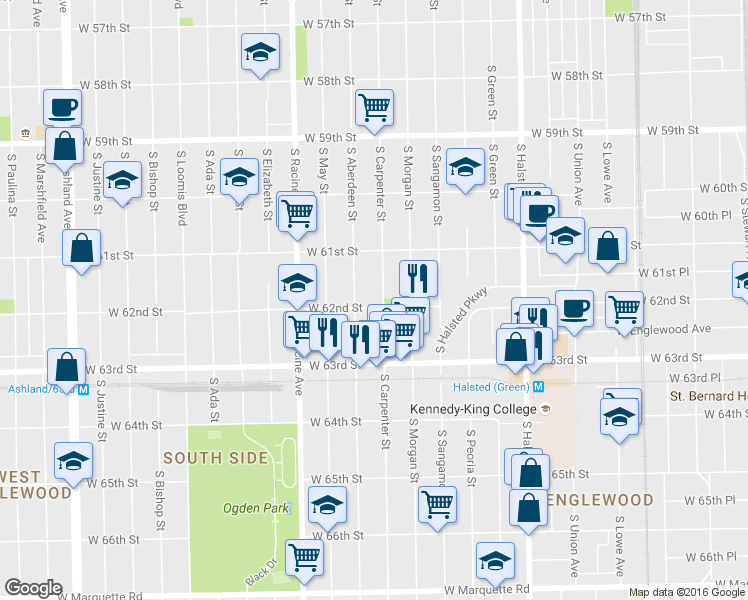 map of restaurants, bars, coffee shops, grocery stores, and more near 6212 South Carpenter Street in Chicago