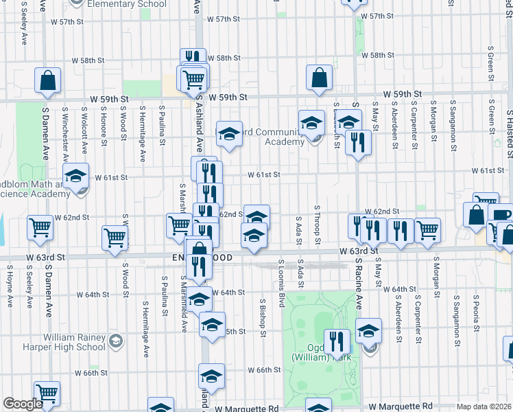 map of restaurants, bars, coffee shops, grocery stores, and more near 6209 South Laflin Street in Chicago