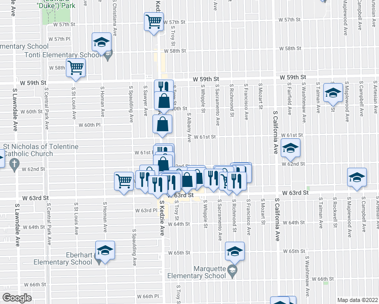 map of restaurants, bars, coffee shops, grocery stores, and more near 6159 South Albany Avenue in Chicago