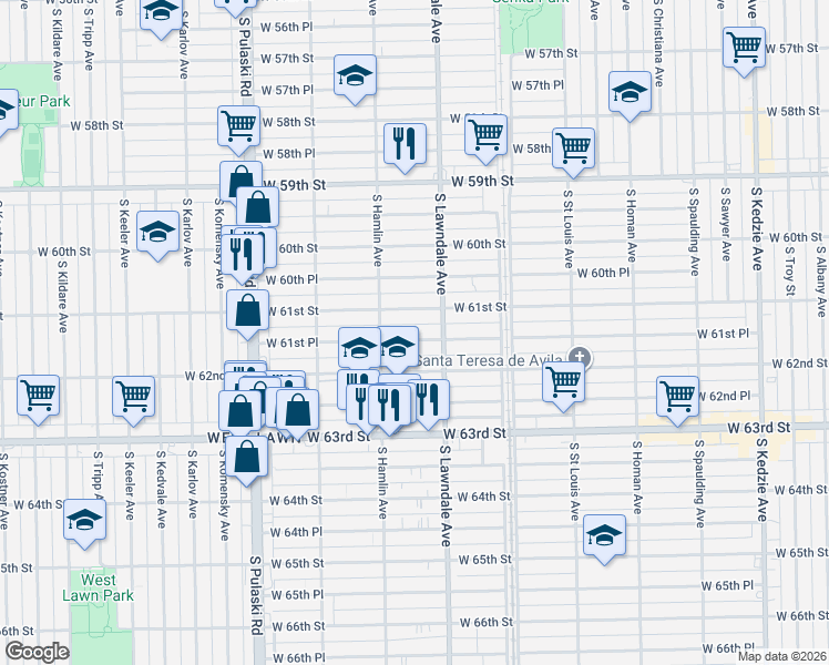 map of restaurants, bars, coffee shops, grocery stores, and more near 3742 West 62nd Street in Chicago