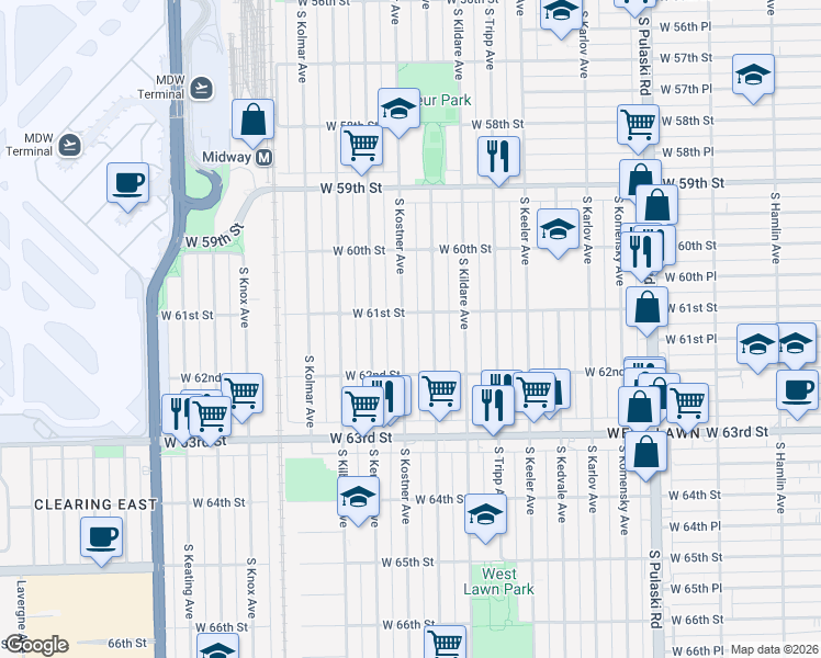map of restaurants, bars, coffee shops, grocery stores, and more near 6134 South Kolin Avenue in Chicago