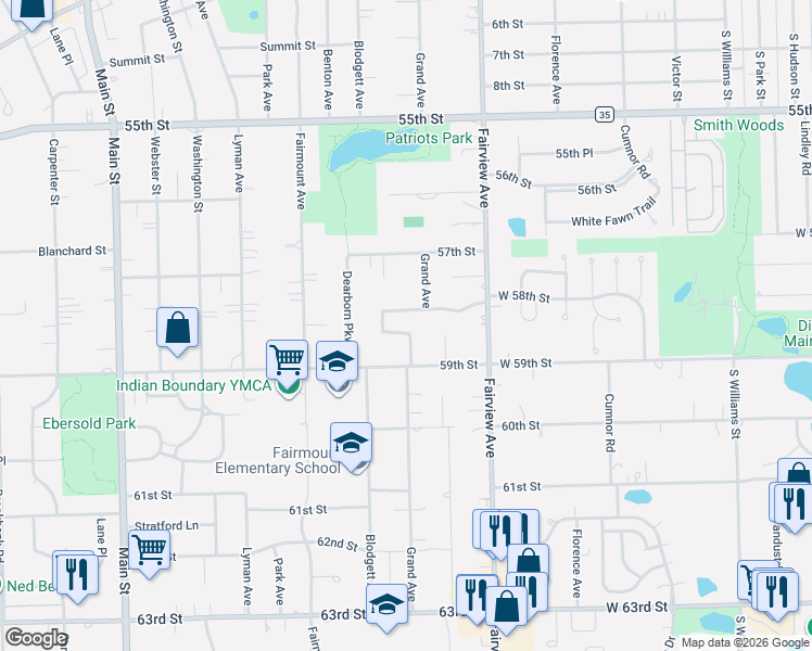 map of restaurants, bars, coffee shops, grocery stores, and more near 515 Eldon Place in Downers Grove