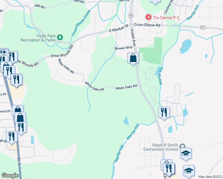 map of restaurants, bars, coffee shops, grocery stores, and more near 40 White Oaks Road in Hyde Park