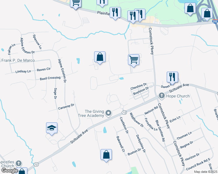 map of restaurants, bars, coffee shops, grocery stores, and more near 10 Southern Industrial Drive in Cranston