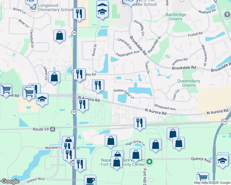 map of restaurants, bars, coffee shops, grocery stores, and more near 1994 Golden Gate Lane in Naperville