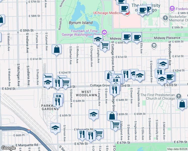 map of restaurants, bars, coffee shops, grocery stores, and more near 6237 South Champlain Avenue in Chicago