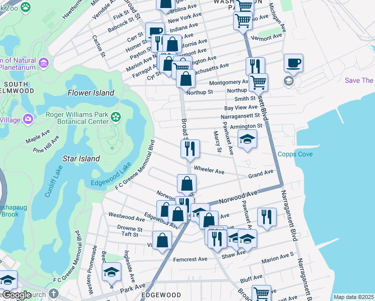 map of restaurants, bars, coffee shops, grocery stores, and more near Broad St & Wentworth Ave in Cranston