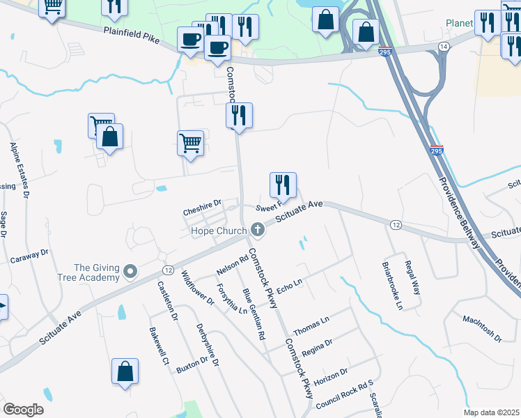 map of restaurants, bars, coffee shops, grocery stores, and more near 1070 Scituate Avenue in Cranston