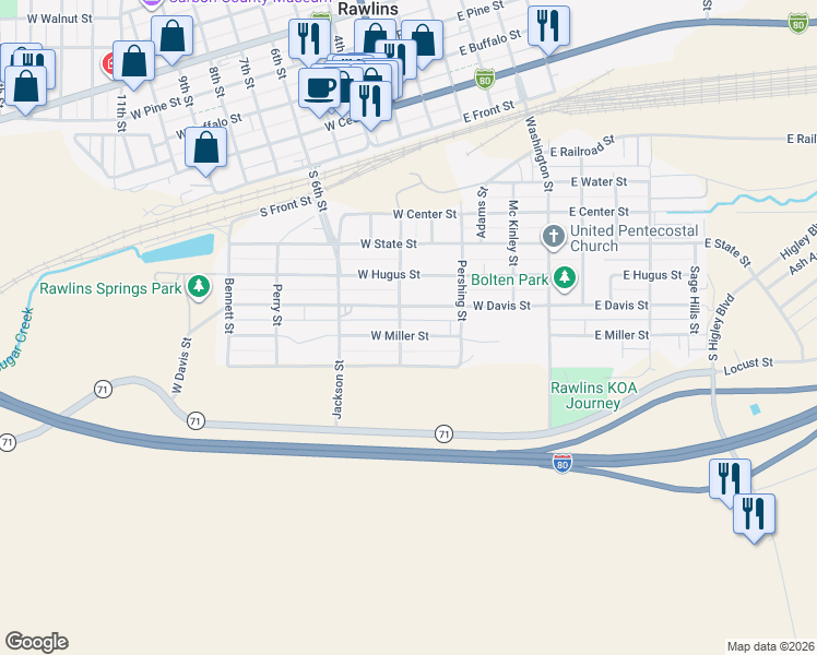 map of restaurants, bars, coffee shops, grocery stores, and more near 431 Donnel Street in Rawlins