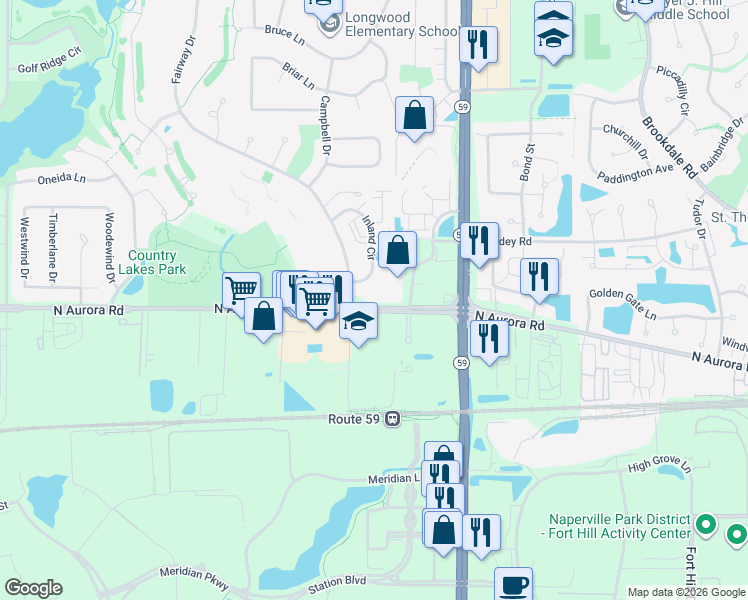 map of restaurants, bars, coffee shops, grocery stores, and more near 1907 Continental Avenue in Naperville
