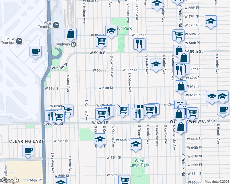 map of restaurants, bars, coffee shops, grocery stores, and more near 6134 South Kolin Avenue in Chicago