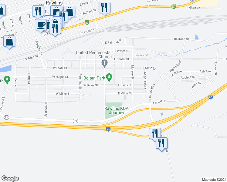 map of restaurants, bars, coffee shops, grocery stores, and more near 125 East Miller Street in Rawlins