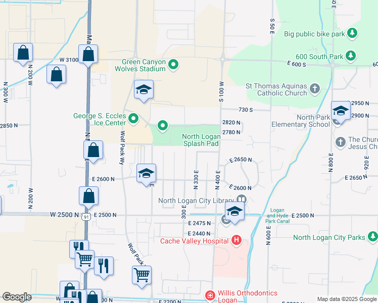 map of restaurants, bars, coffee shops, grocery stores, and more near 2700 North 300 East in North Logan