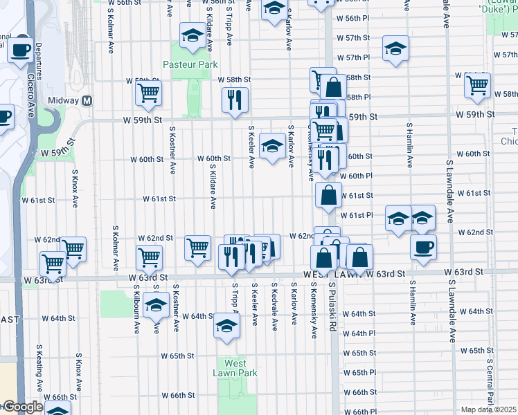 map of restaurants, bars, coffee shops, grocery stores, and more near 6054 South Keeler Avenue in Chicago