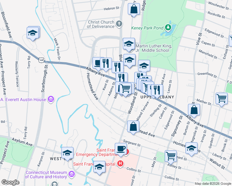 map of restaurants, bars, coffee shops, grocery stores, and more near 75 Milford Street in Hartford