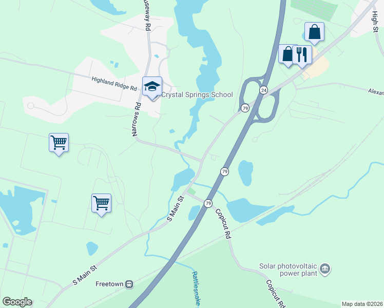 map of restaurants, bars, coffee shops, grocery stores, and more near 90 South Main Street in Freetown