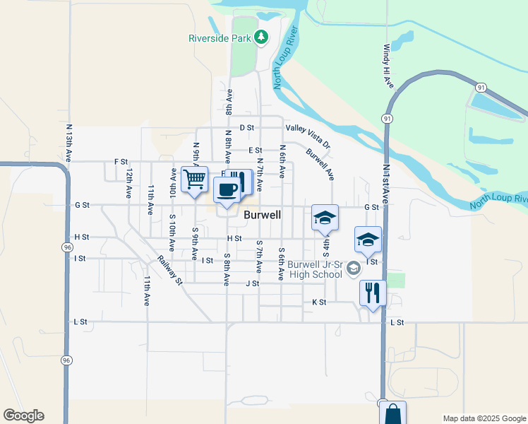 map of restaurants, bars, coffee shops, grocery stores, and more near 110 South 7th Avenue in Burwell