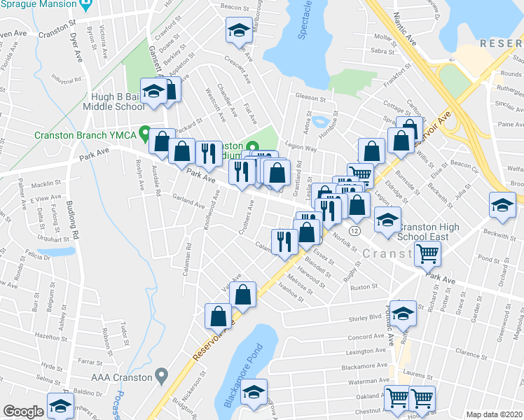 map of restaurants, bars, coffee shops, grocery stores, and more near 1063 Park Avenue in Cranston