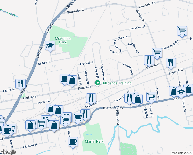 map of restaurants, bars, coffee shops, grocery stores, and more near 41 Laurel Street in East Hartford